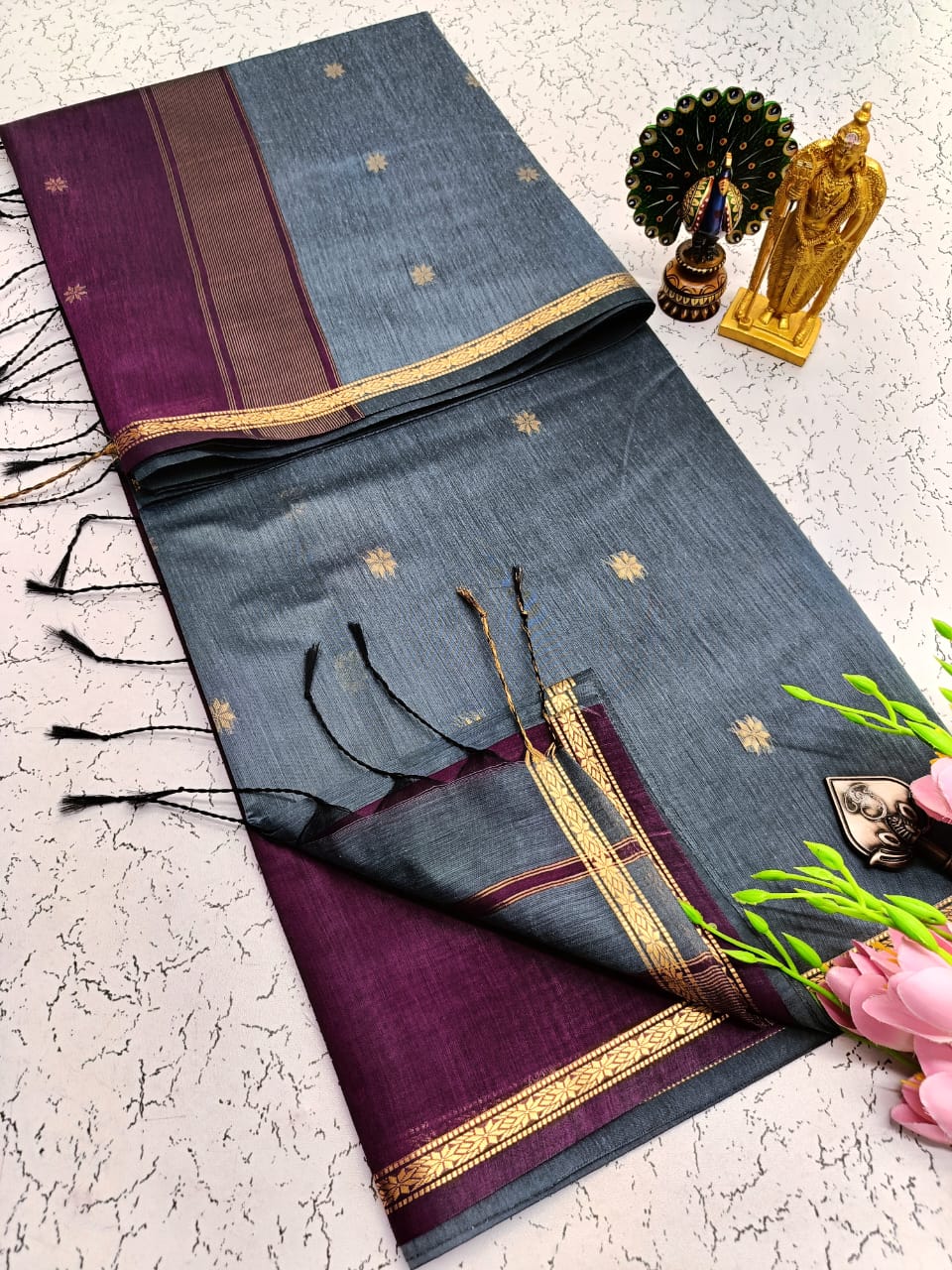 Exquisite Maheshwari Silk Saree - Slate Grey & Deep Purple - View 1