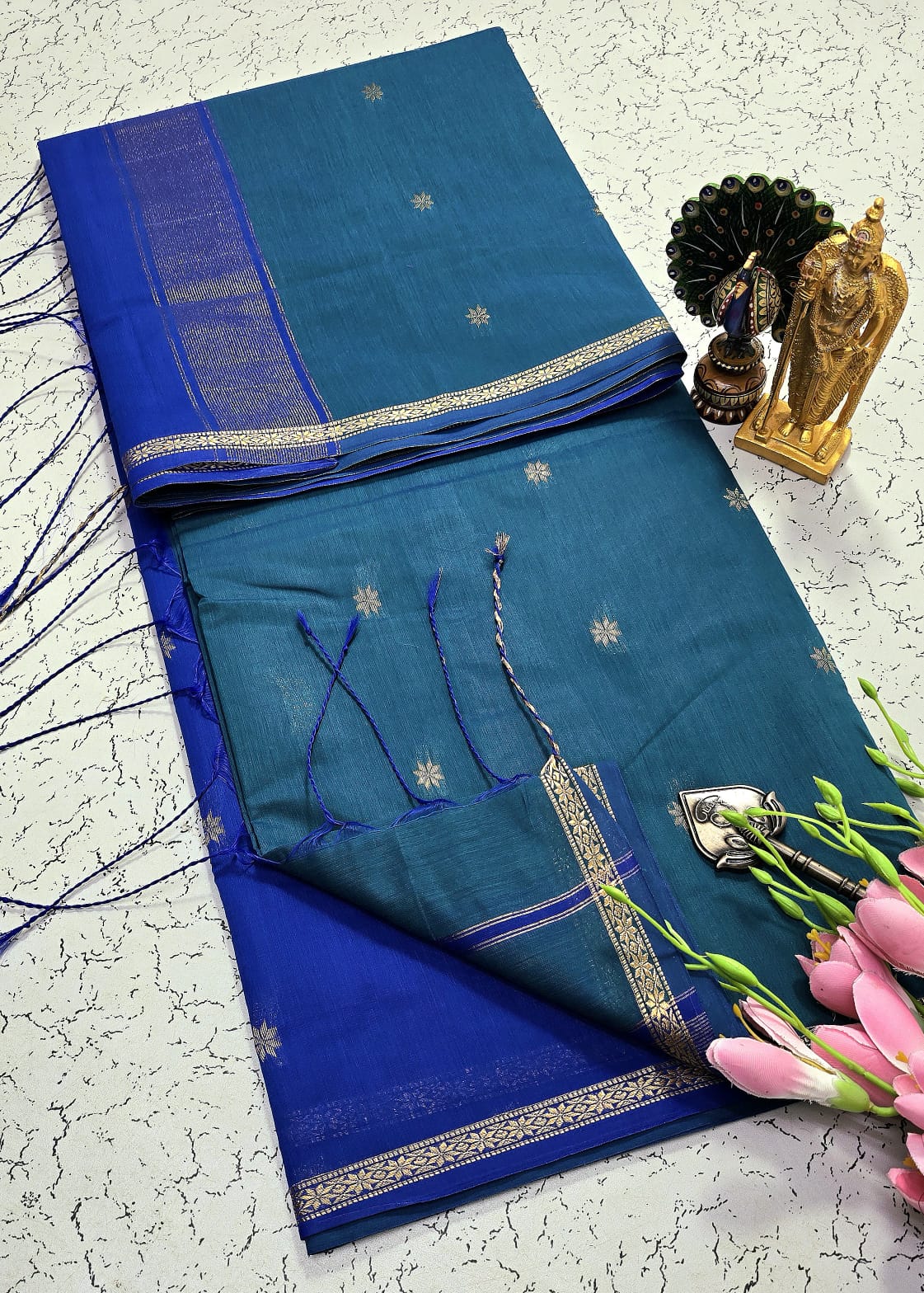 Exquisite Maheshwari Silk Saree - Teal Blue & Royal Blue - View 1