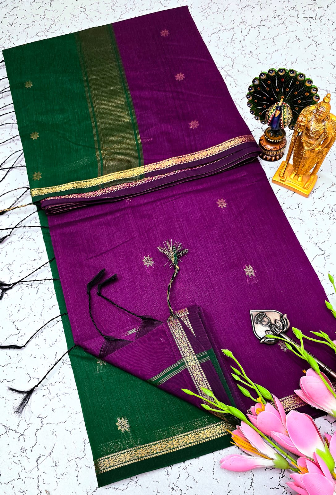 Exquisite Maheshwari Silk Saree - Deep Purple & Emerald Green - View 1