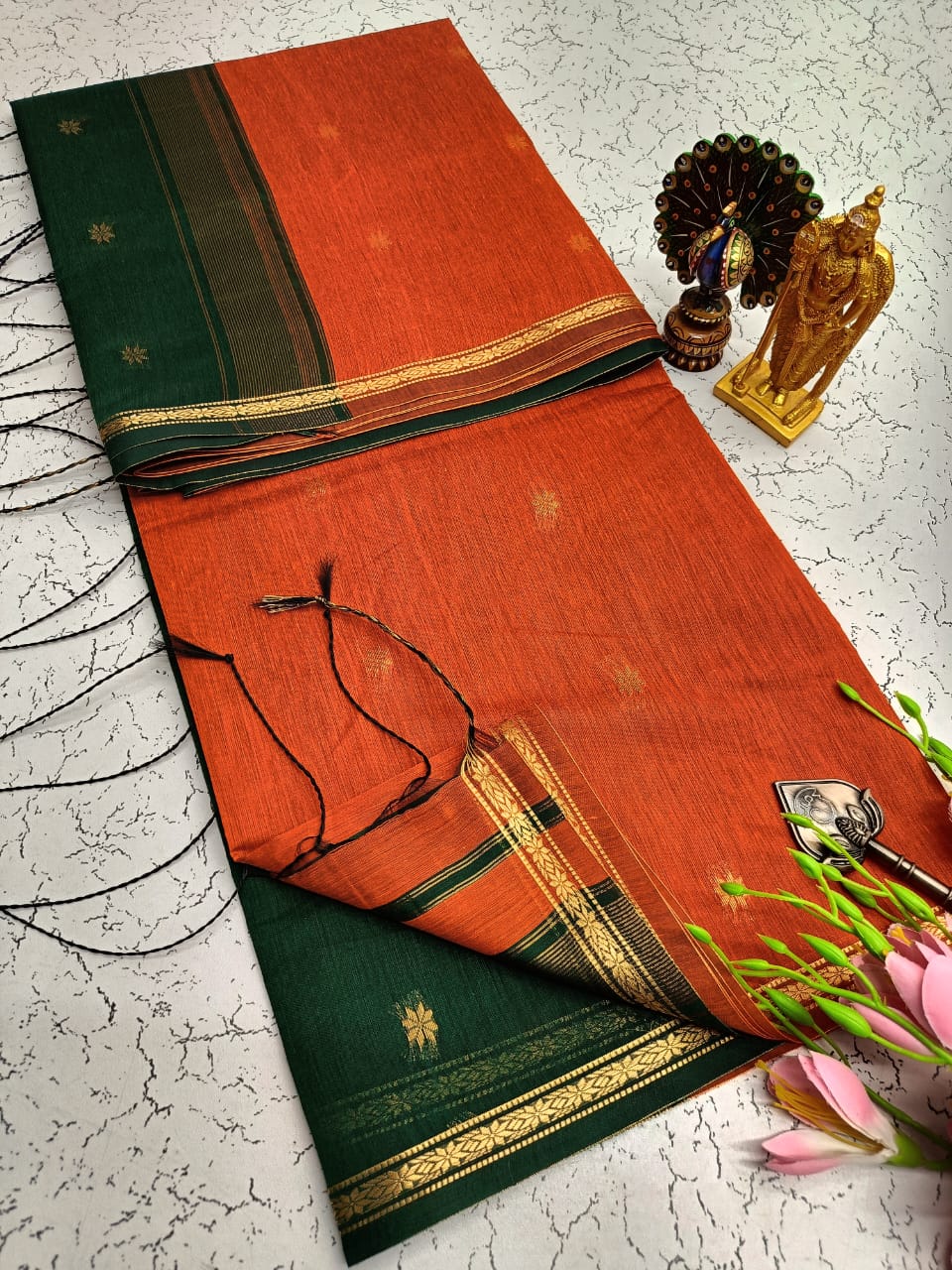 Exquisite Maheshwari Silk Saree - Rust Orange & Dark Green - View 1