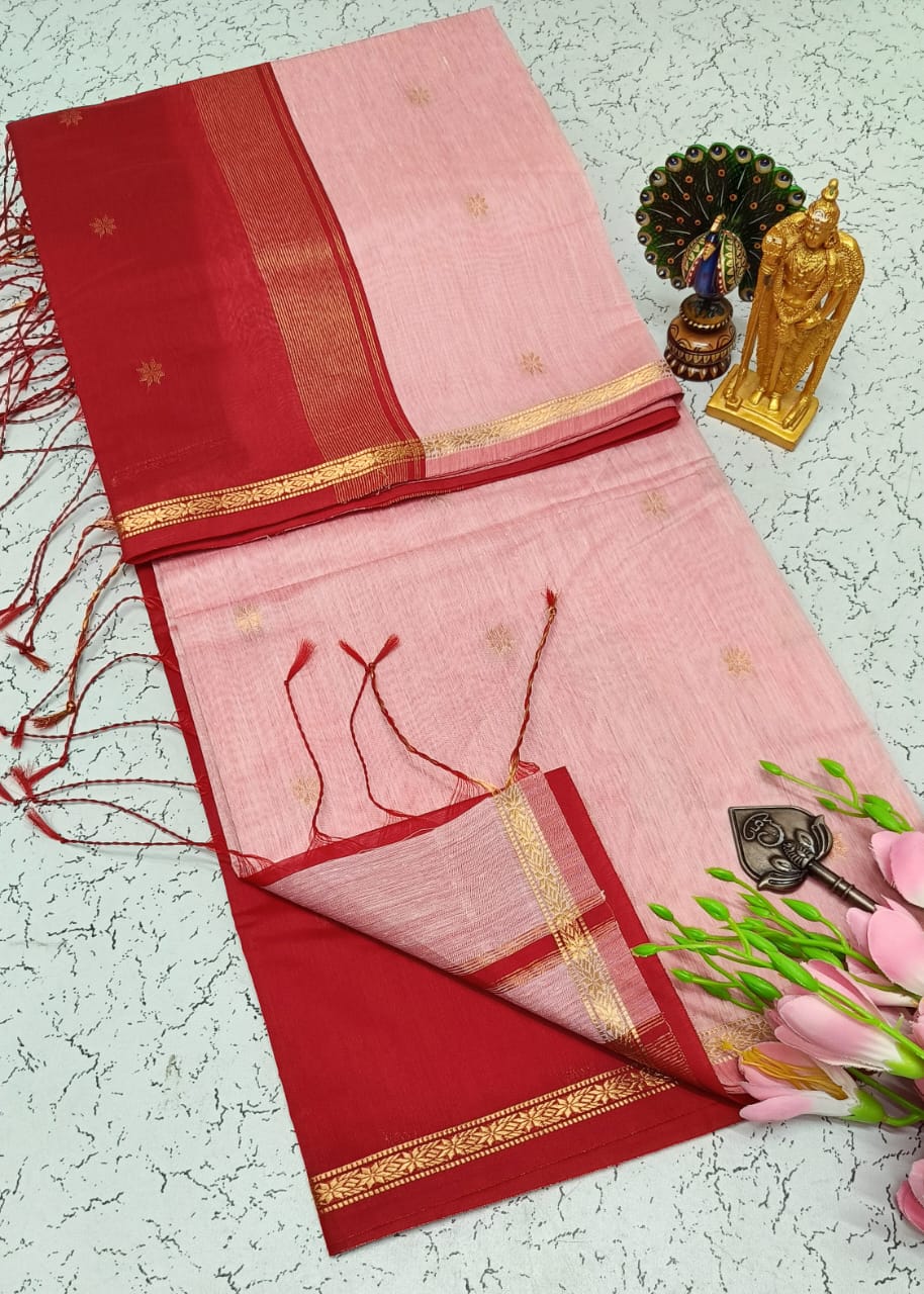 Exquisite Maheshwari Silk Saree - Light Pink & Maroon - View 1