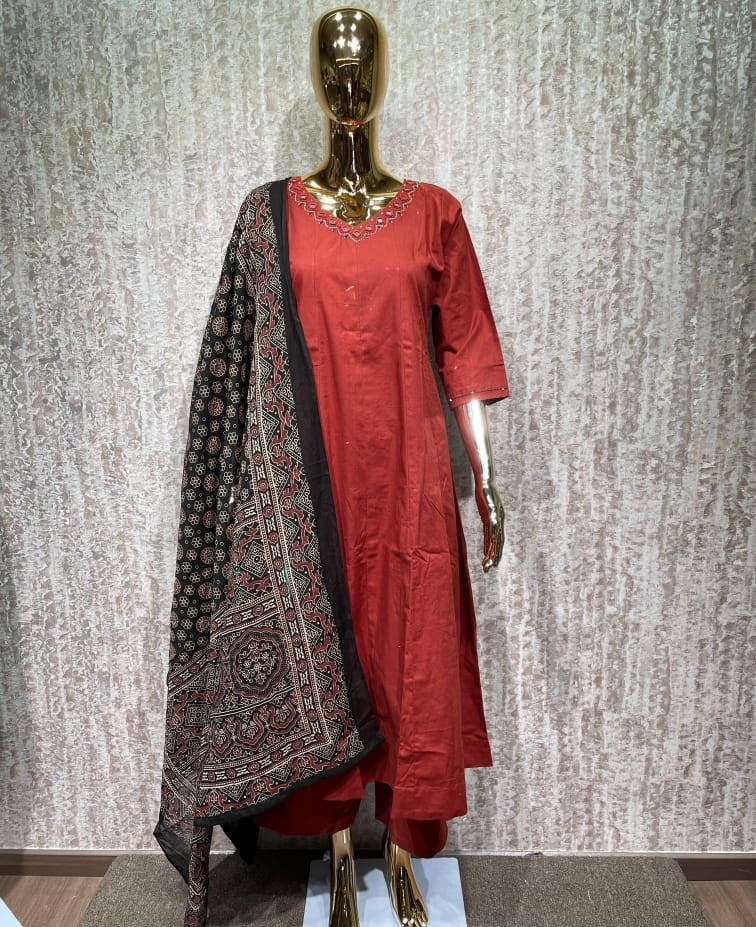 Rust Red Kurti Set with Ajrakh Print Dupatta