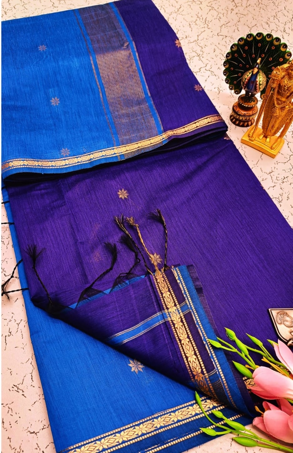 Exquisite Maheshwari Silk Cotton Saree- Royal Blue & Violet