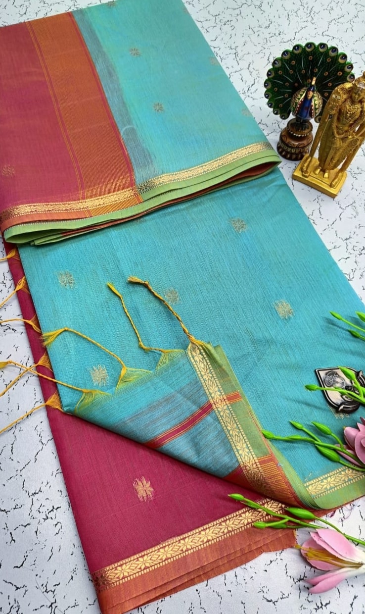 Exquisite Maheshwari Silk Cotton Saree - Sky Blue & Maroon