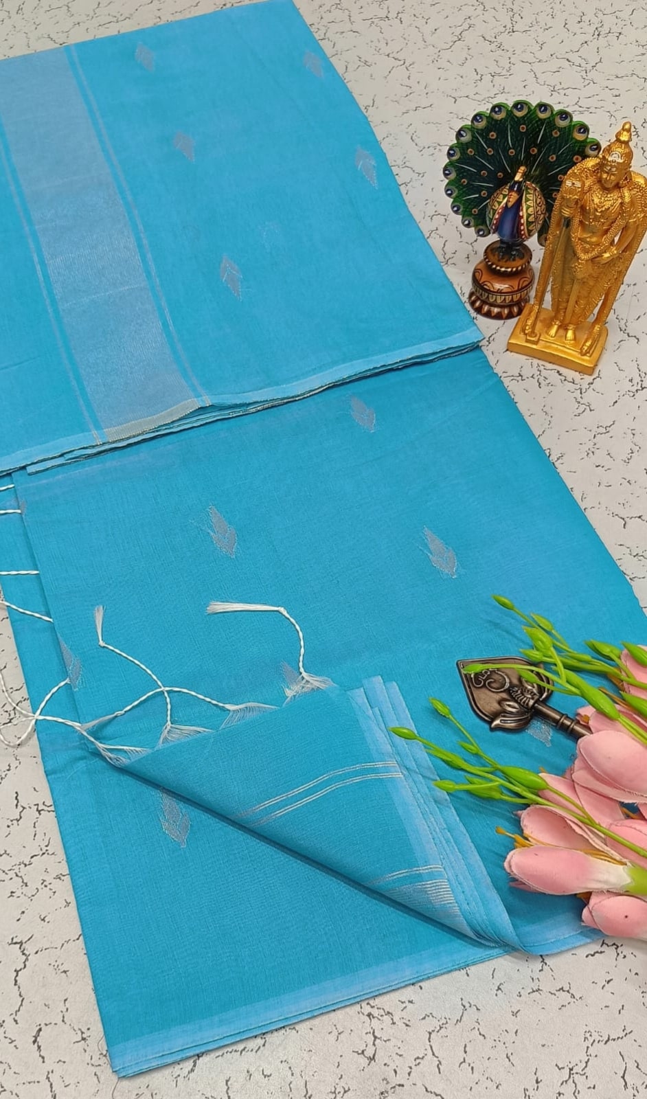 Exquisite Maheshwari Silk Cotton Saree- Aqua Blue
