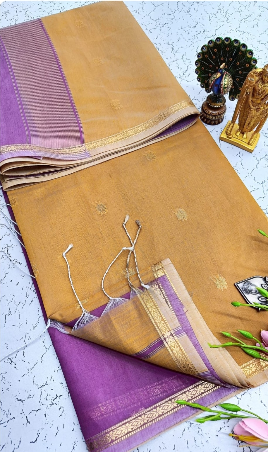 Exquisite Maheshwari Cotton Saree- Mustard Yellow & Lavender