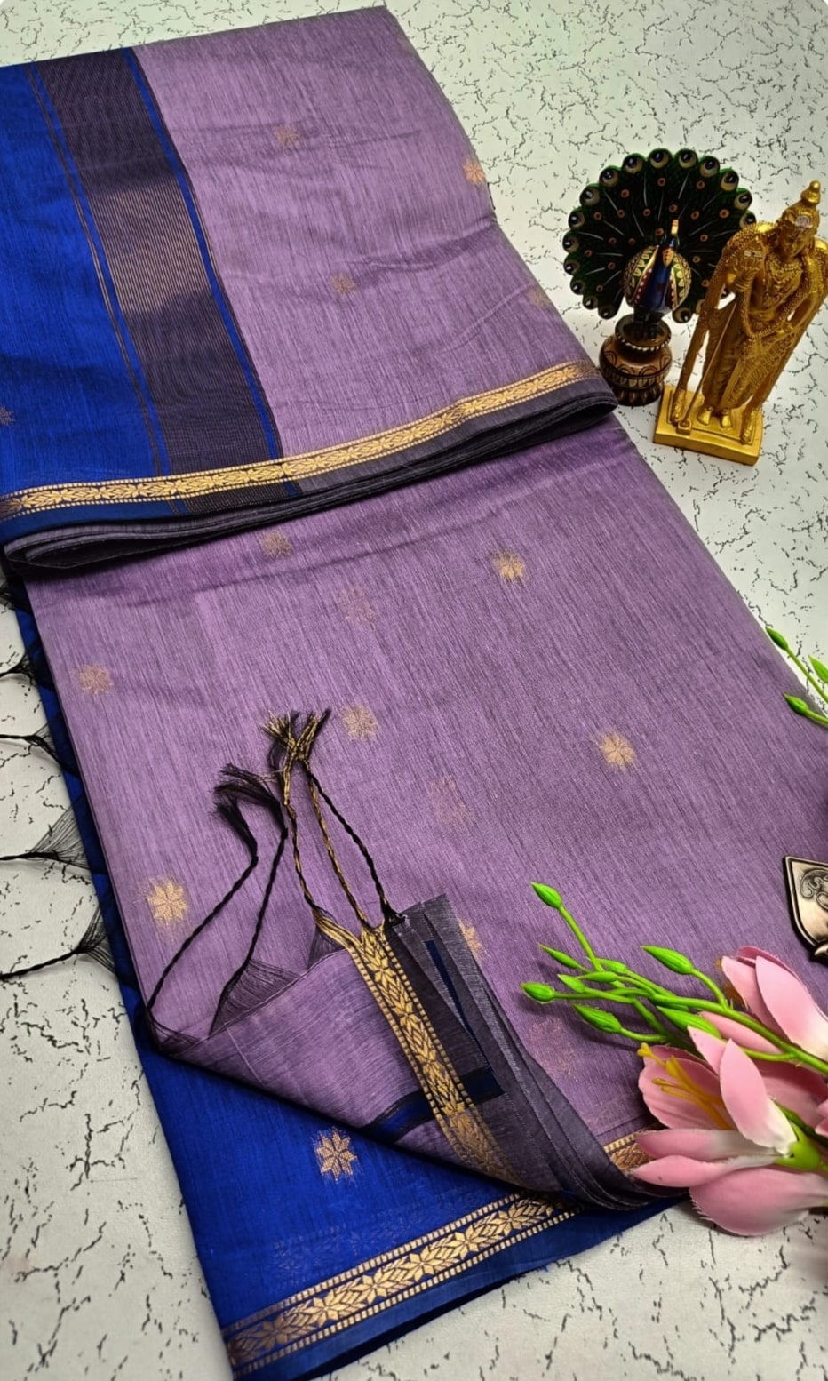 Exquisite Maheshwari Silk Cotton Saree- Lavender Purple & Royal Blue