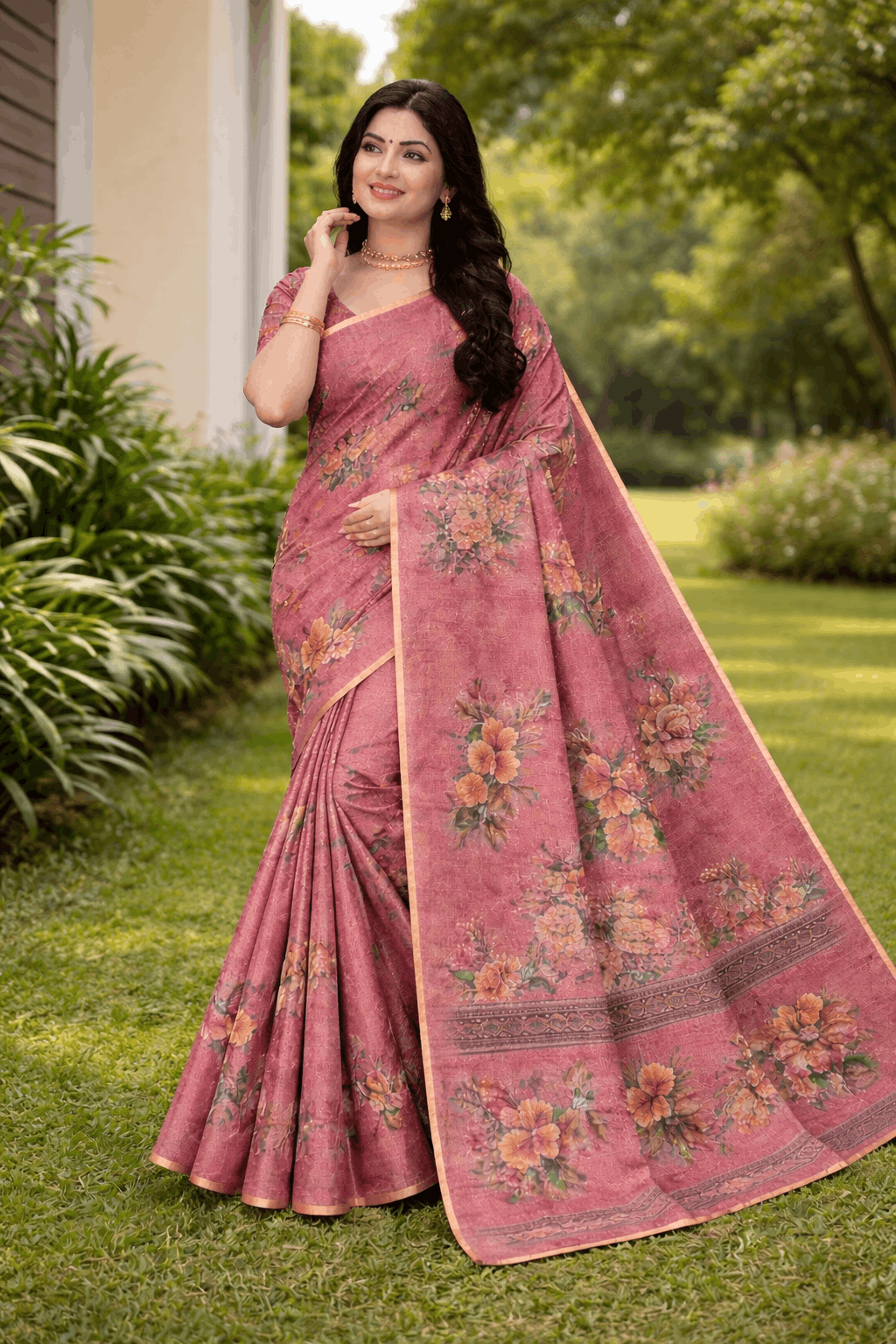 Kesar Silk Saree in Dusty Rose Pink with Floral Prints