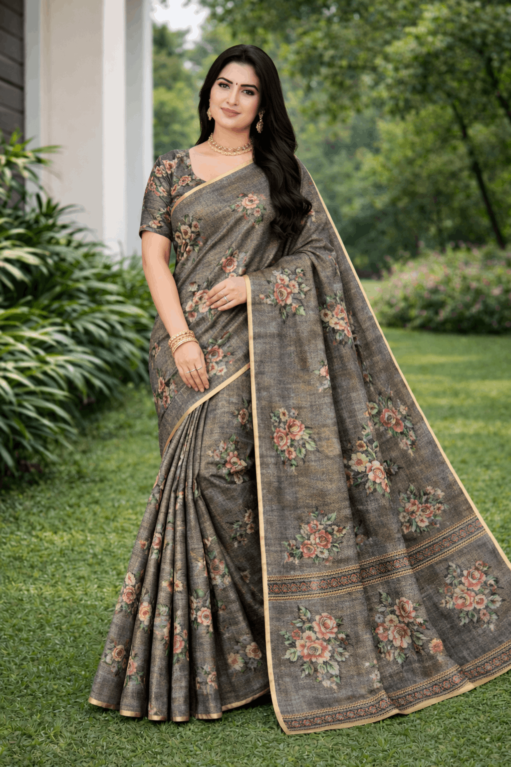 Kesar Silk Saree in Charcoal Grey with Rose Floral Prints
