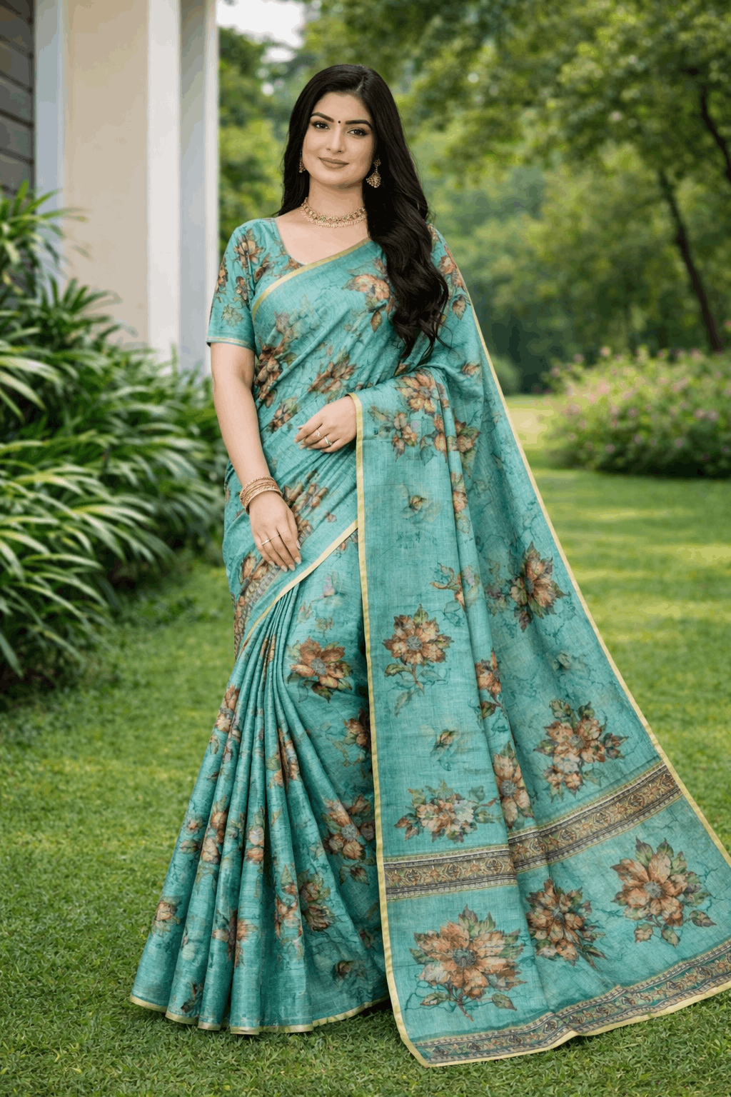 Kesar Silk Saree in Sea Green with Floral Prints