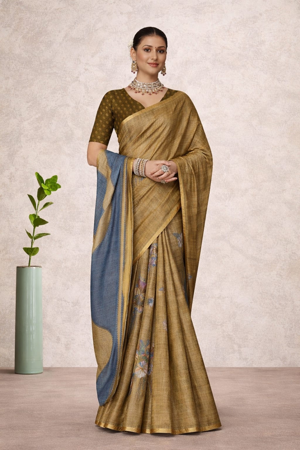 Kesar Silk Saree with Contrast Blue Pallu – Mustard Brown