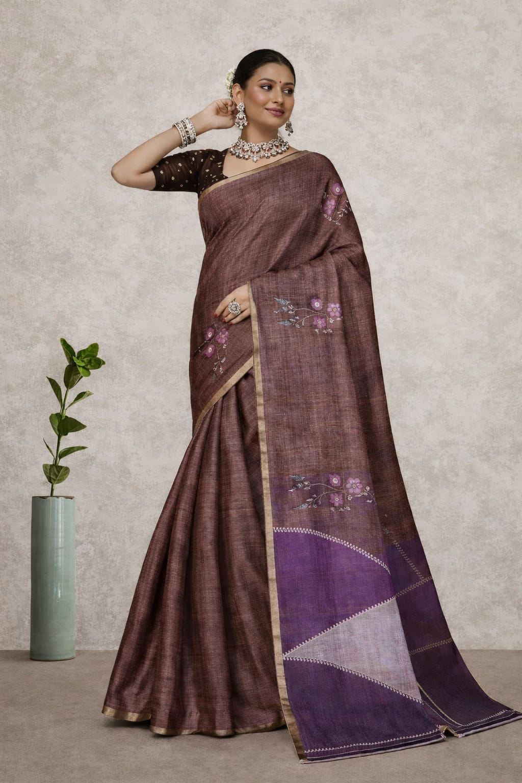 Kesar Silk Saree with Contrast Panel Pallu – Wine Brown