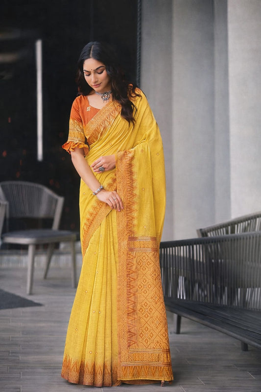Linen Blend Bunker Print Saree with Woven Border