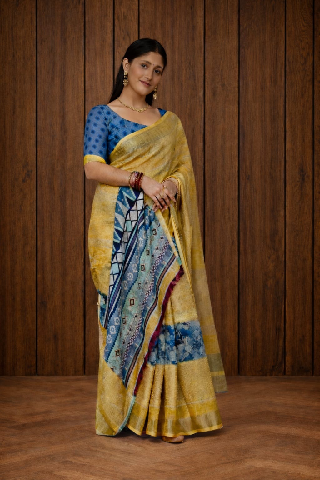 Palrima Silk Saree in Mustard Yellow with Blue Patterned Border