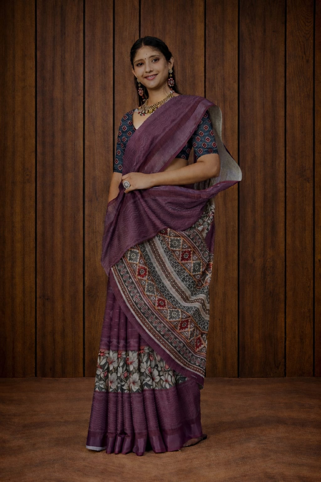 Palrima Silk Saree in Mauve with Grey Ethnic Prints