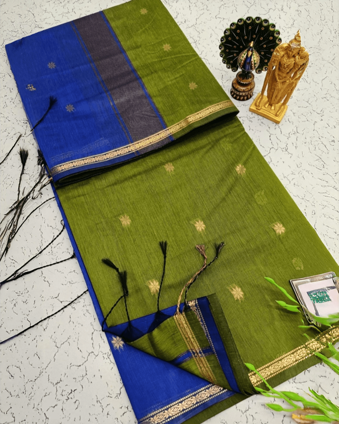 Exquisite Maheshwari Silk Cotton Saree- Olive Green & Royal Blue
