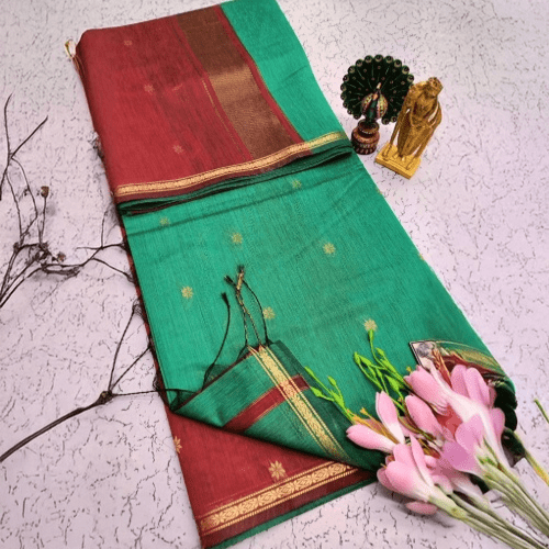 Exquisite Maheshwari Silk Cotton Saree- Emerald Green & Brick Red
