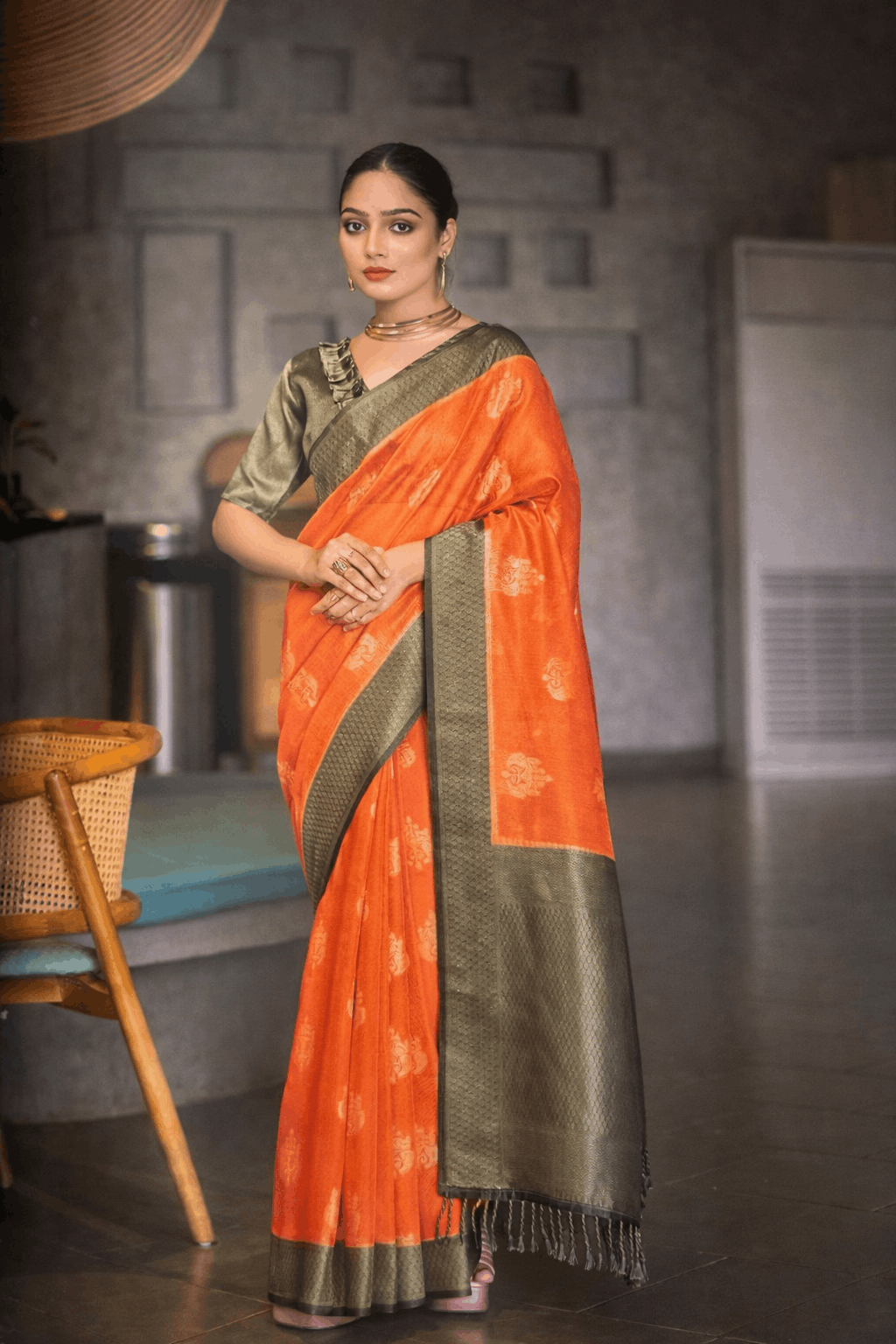 Siddharth Saree in Burnt Orange with Olive Gold Zari Border