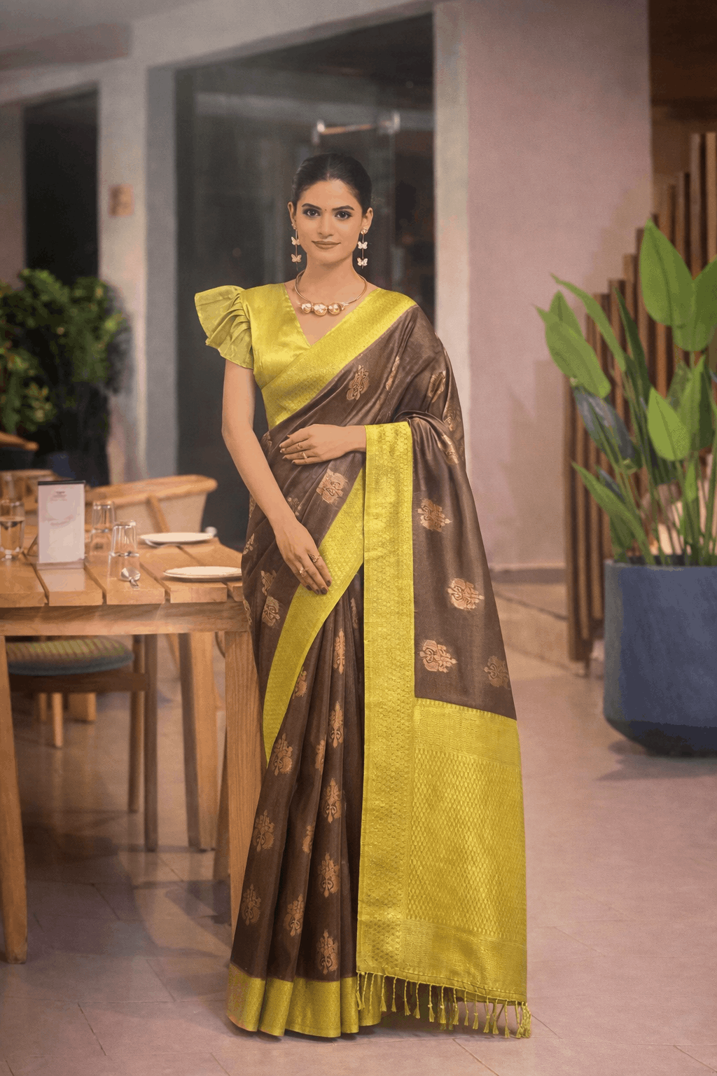 Siddharth Saree in Chocolate Brown with Mustard Gold Zari Border