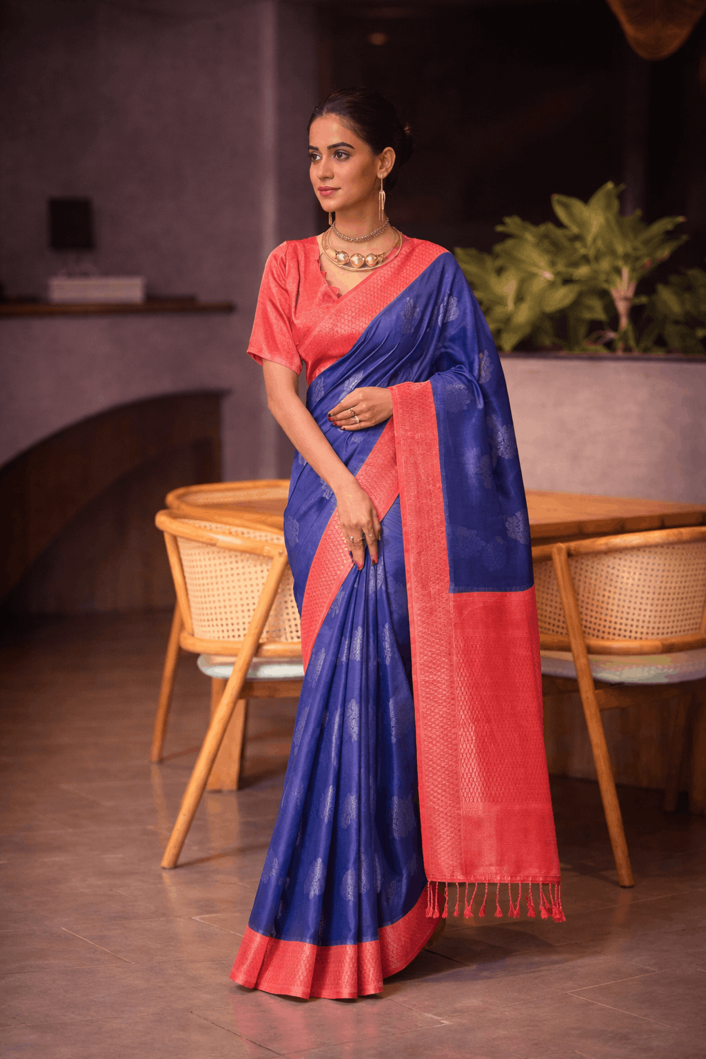 Siddharth Saree in Royal Blue with Coral Red Zari Border