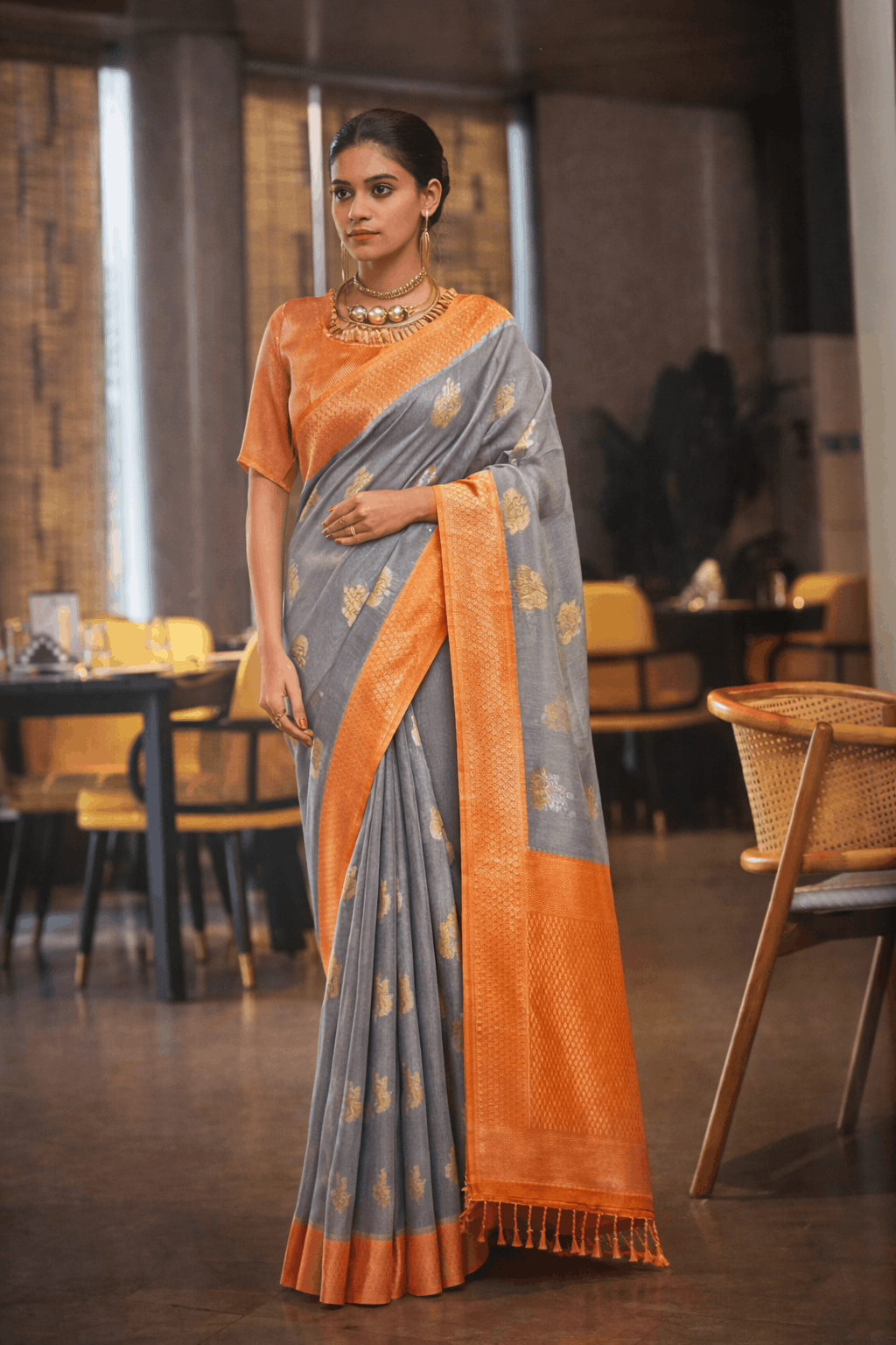 Siddharth Saree in Grey with Rust Orange Zari Border