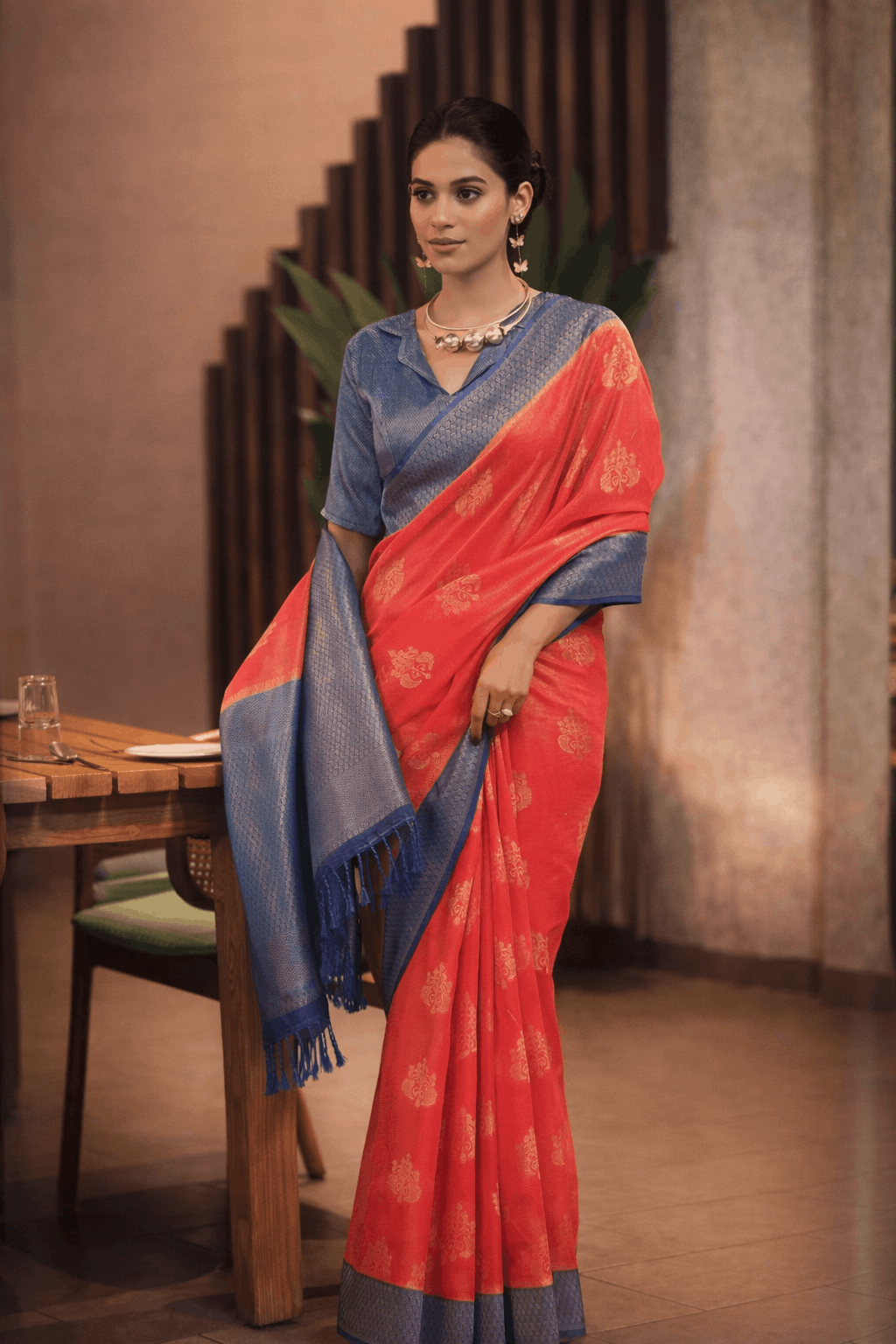 Siddharth Saree in Coral Red with Slate Blue Zari Border