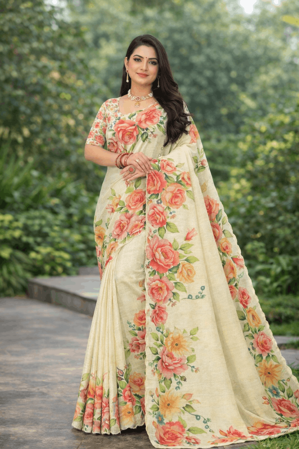 Tesla Print Linen Blend Saree in Ivory with Peach Floral Design