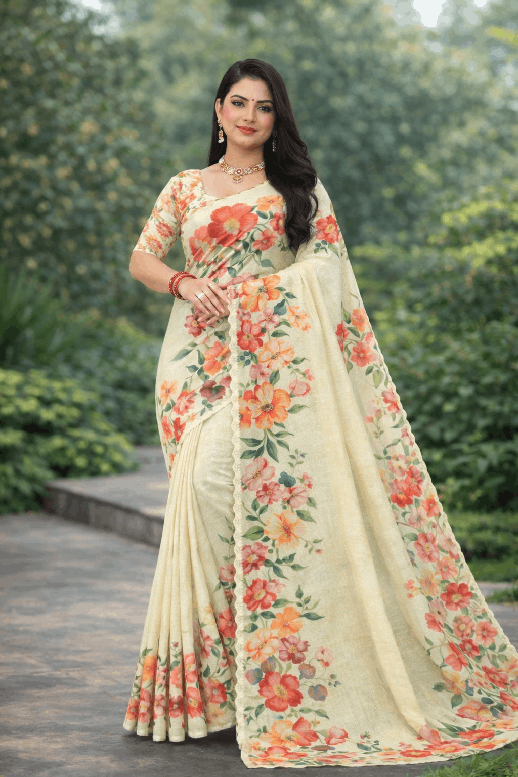 Tesla Print Linen Blend Saree in Butter Yellow with Garden Floral Print