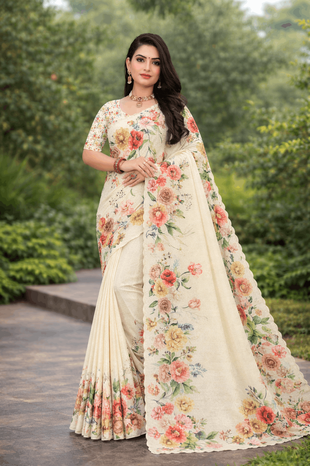 Tesla Print Linen Blend Saree in Ivory with Pastel Floral Prints