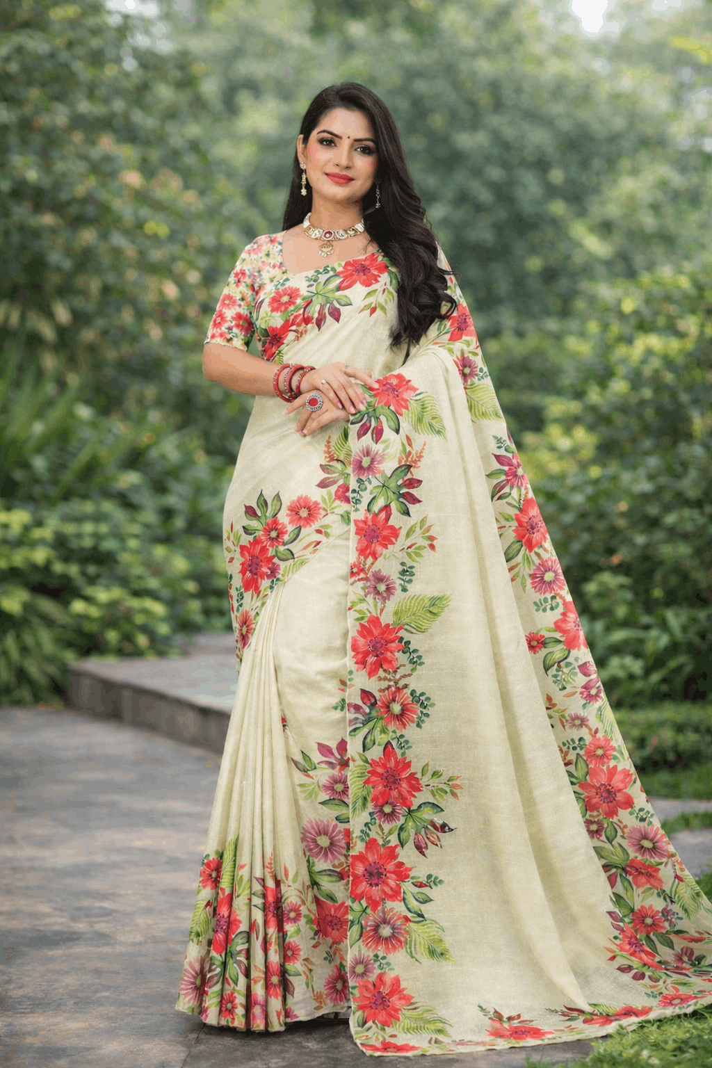 Tesla Print Linen Blend Saree in Cream with Bold Red Floral Accents