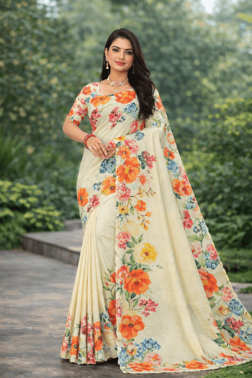 Tesla Print Linen Blend Saree in Soft Beige with Orange Bloom Prints