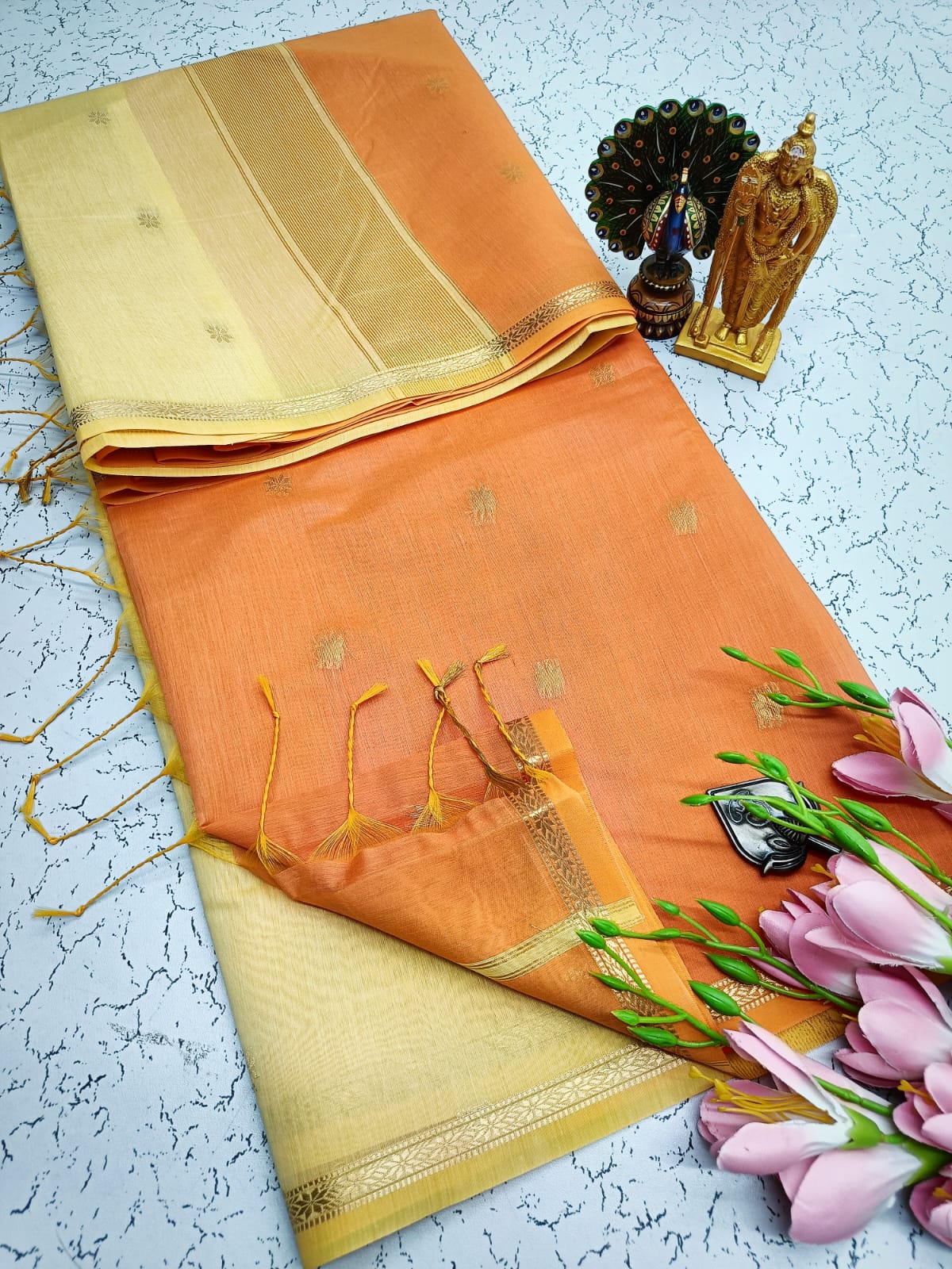 Exquisite Maheshwari Silk Cotton Saree- Peach Orange & Sandal Beige