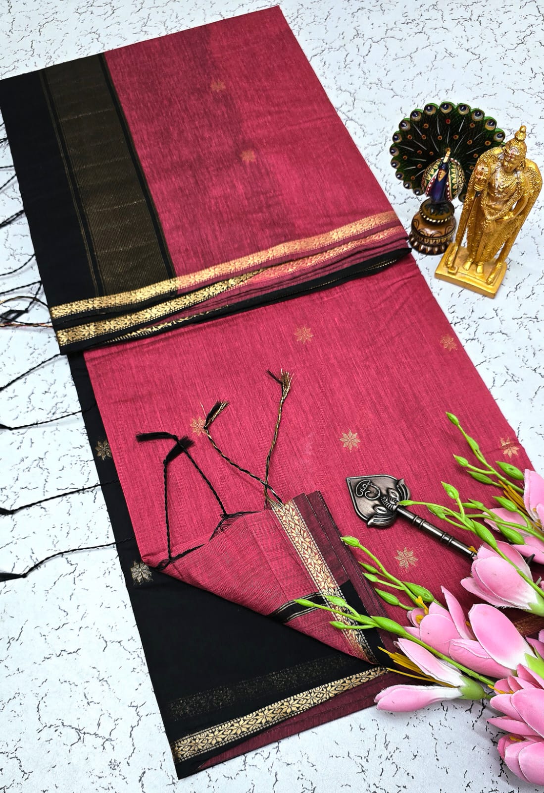 Exquisite Maheshwari Silk Saree - Maroon & Black - View 1