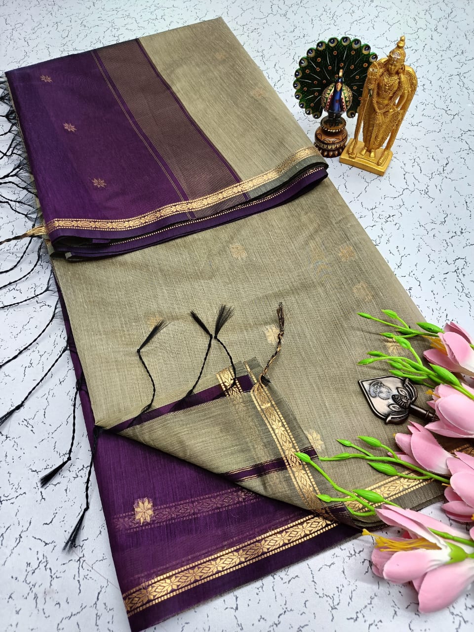 Exquisite Maheshwari Silk Saree - Sand Beige & Deep Purple - View 1