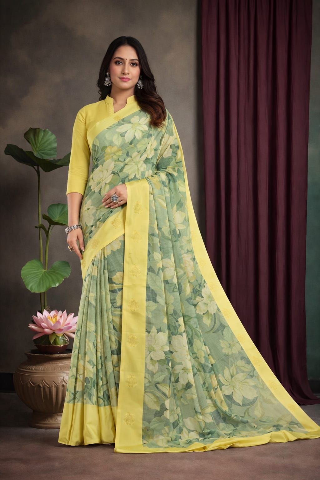Pista Green Floral Printed Georgette Saree with Yellow Border