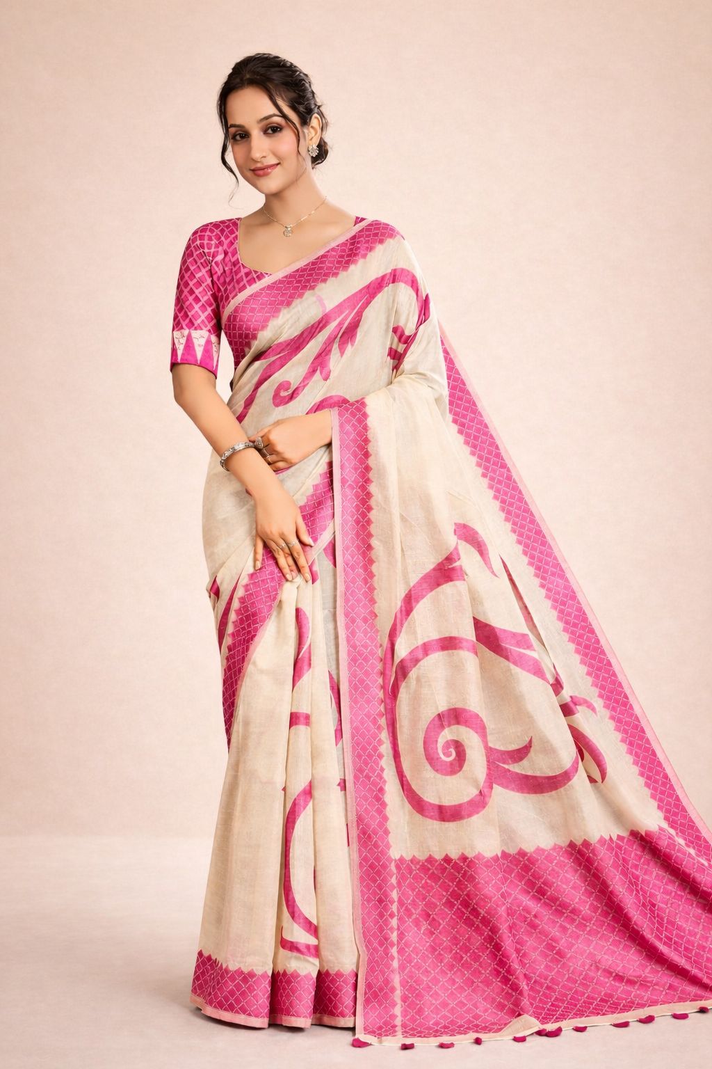 Ivory & Pink Printed Cotton Linen Saree