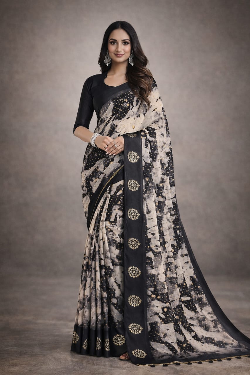 Black & Beige Printed Georgette Saree with Contrast Border
