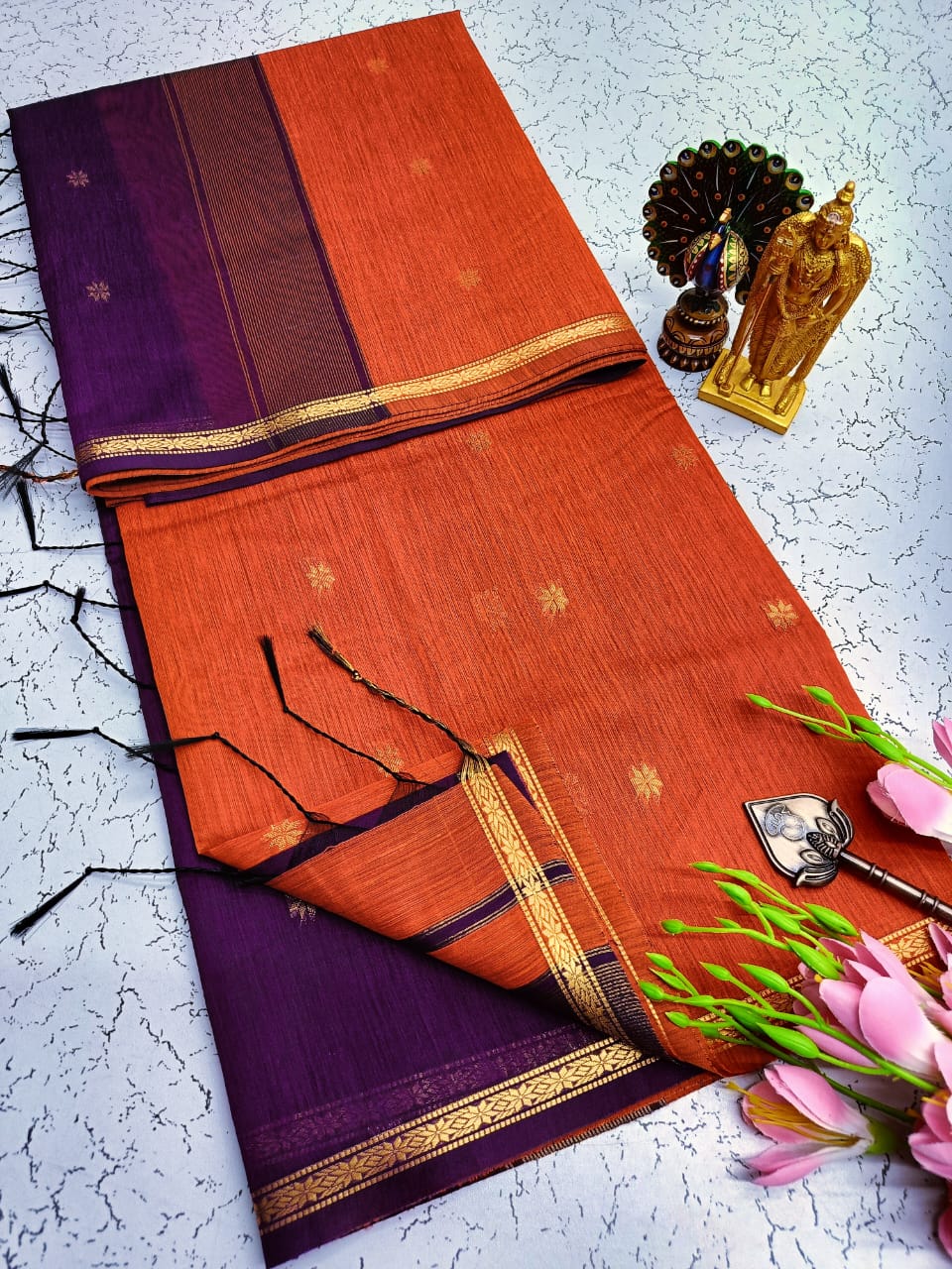 Exquisite Maheshwari Silk Saree - Rust Orange & Deep Purple - View 1