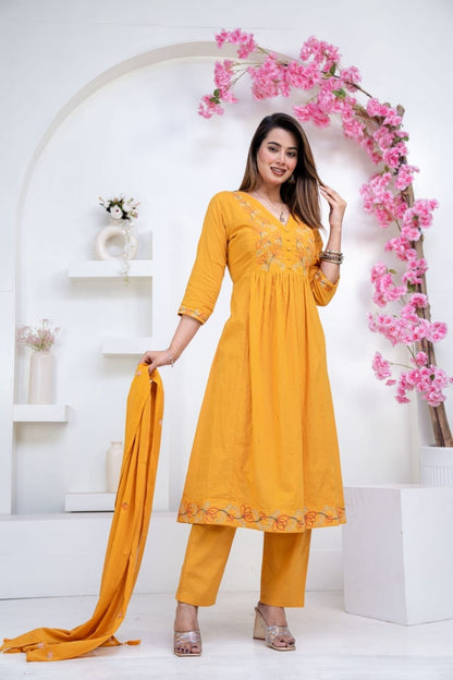 Mustard Yellow Embroidered Kurti Set with Dupatta