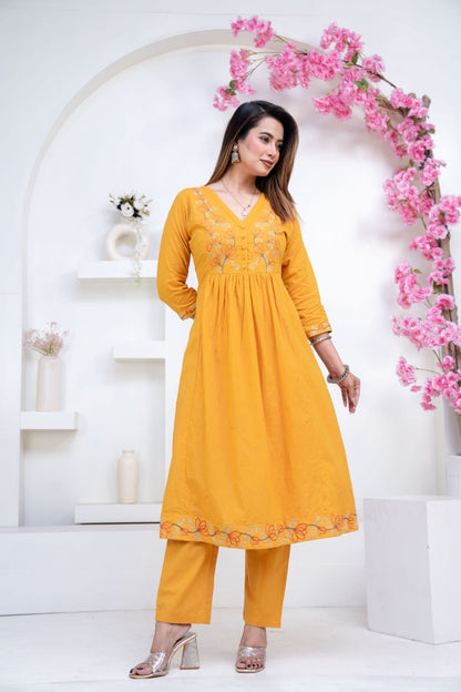 Mustard Yellow Embroidered Kurti Set with Dupatta