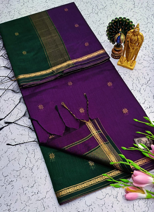 Exquisite Maheshwari Silk Saree - Deep Purple & Dark Green - View 1