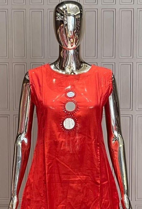 Red Cotton Kurta Set with Mirror Work – Elegant Festive
