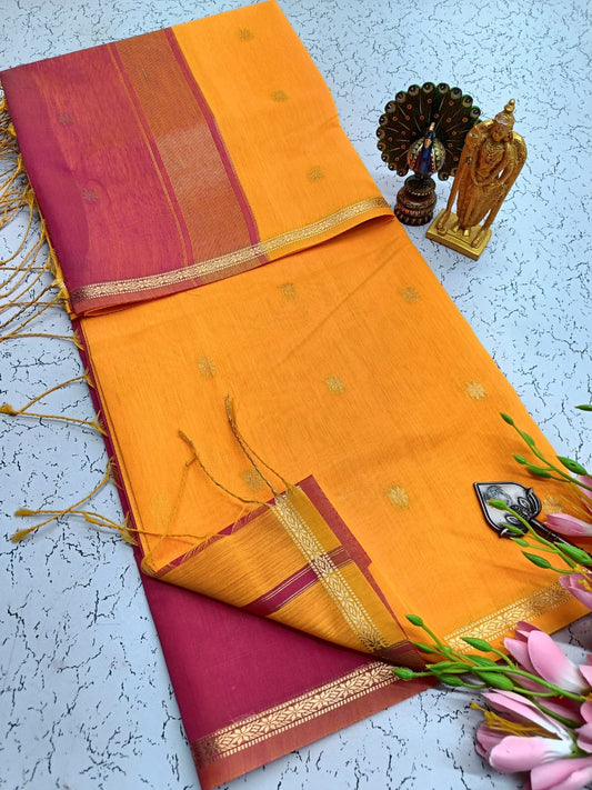 Exquisite Maheshwari Silk Saree - Bright Orange & Maroon - View 1