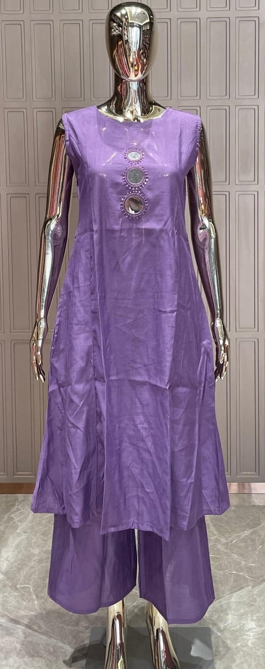 Lavender Mirror Work Silk Cotton Kurti Set