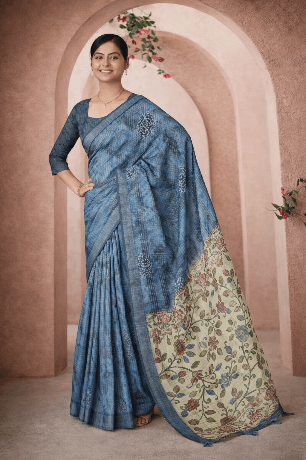 Milky Cotton Saree in Denim Blue with Floral Cream Pallu