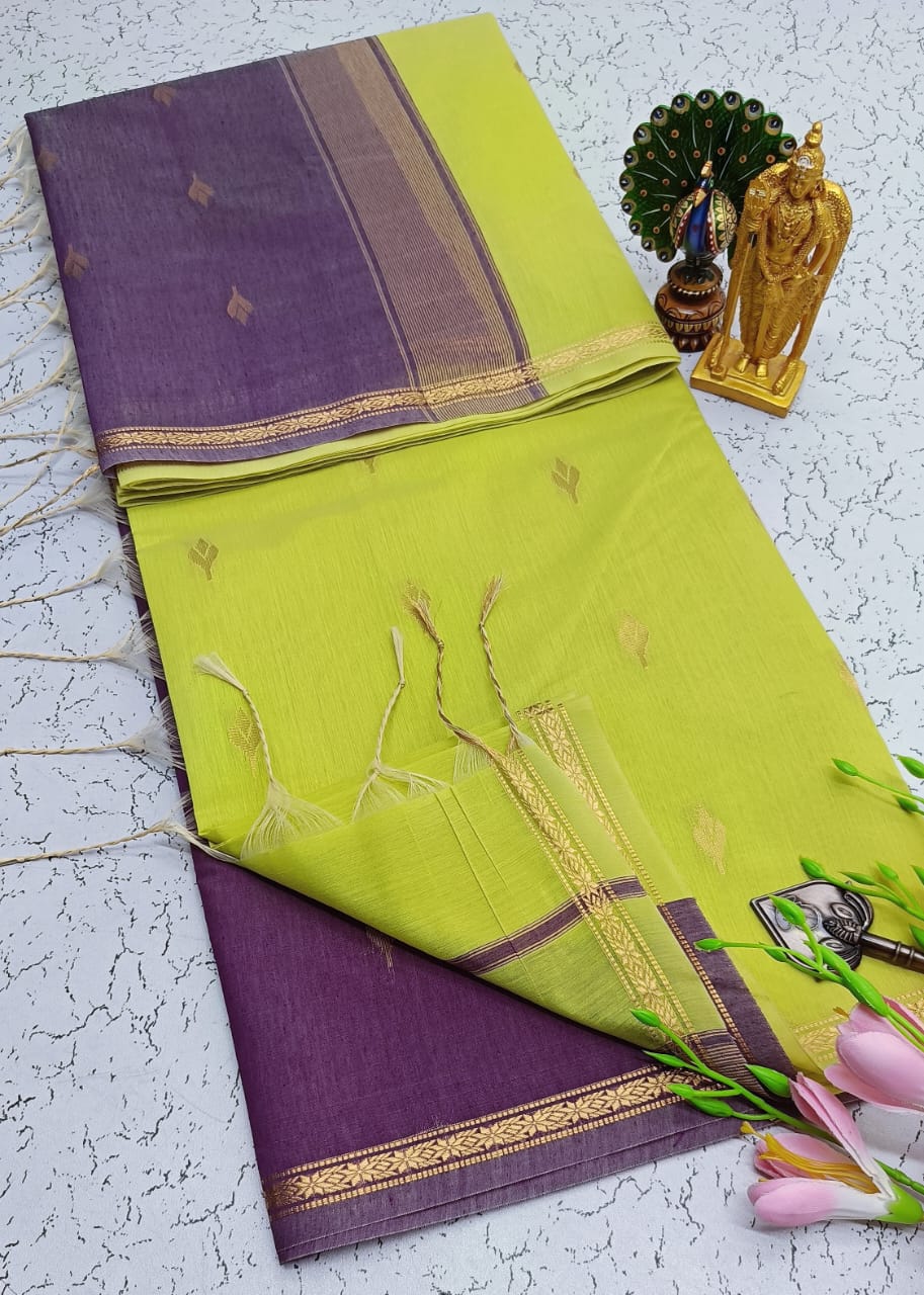 Exquisite Maheshwari Silk Saree - Lime Green & Dark Purple - View 1