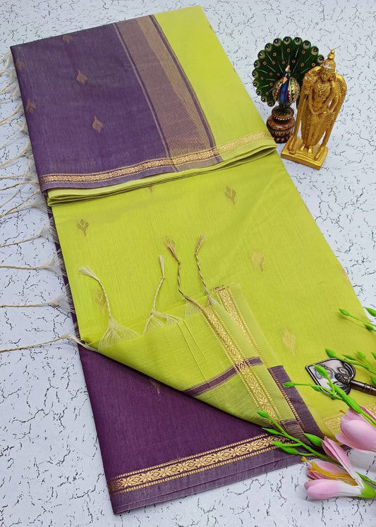 Exquisite Maheshwari Silk Saree - Lime Green & Dark Purple - View 1