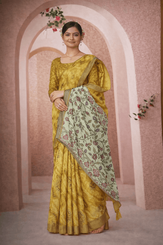 Milky Cotton Saree in Mustard Yellow with Floral Cream Pallu