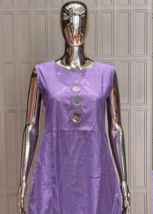 Lavender Mirror Work Silk Cotton Kurti Set