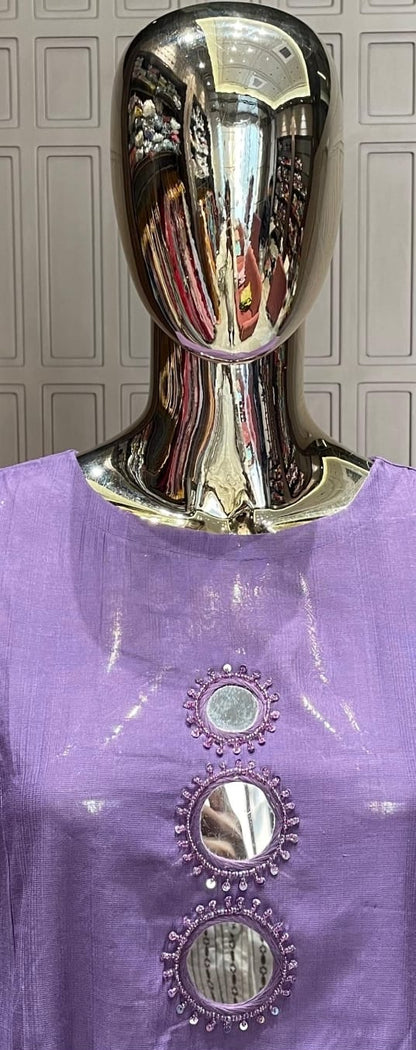 Lavender Mirror Work Silk Cotton Kurti Set